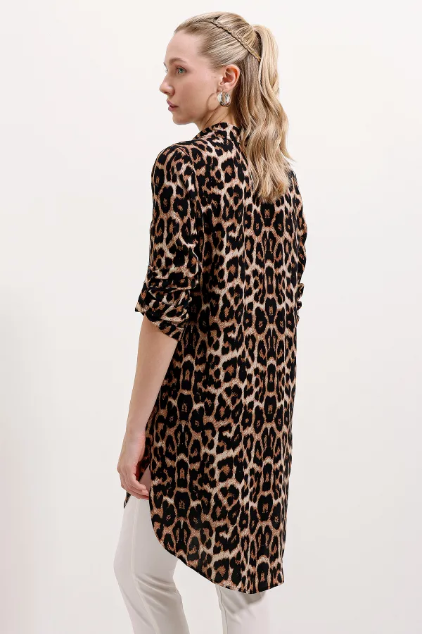 5613 Yaka Bağcıklı Çizgili Tunik - Kahverengi