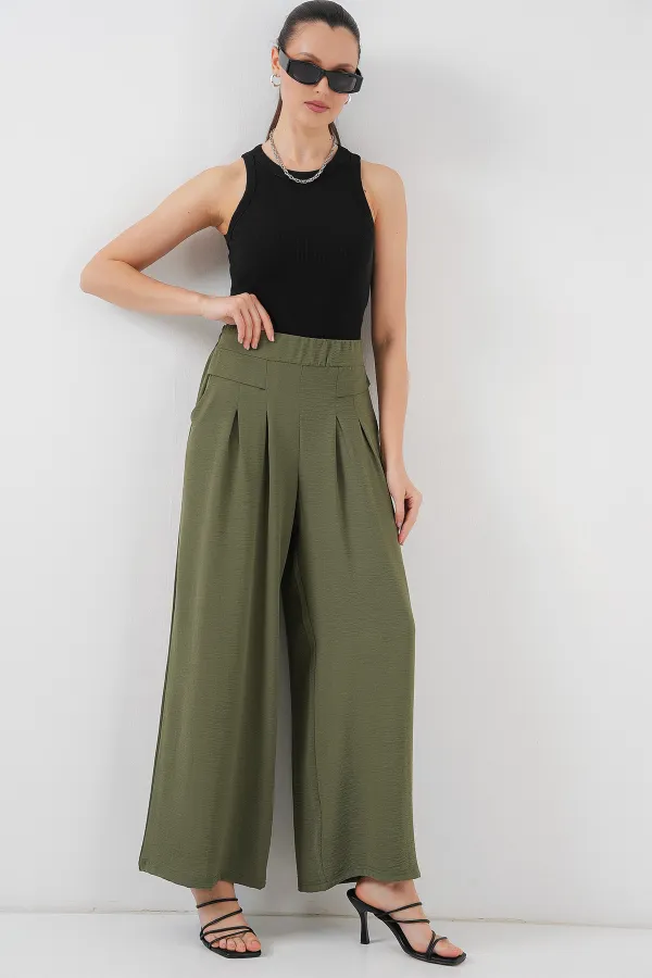 Kadın Geniş Paça Pileli Pantolon 6718 - Haki