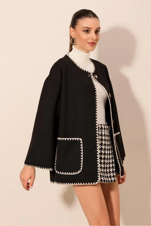 Veste en cachemire brodée Boyfriend 0690 - Noire