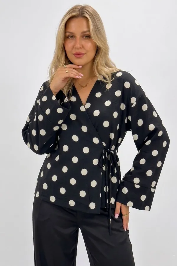 Women's Wrap Polka Dot Blouse 40004 - Black Women's Wrap Polka Dot Blouse 40004 - Black