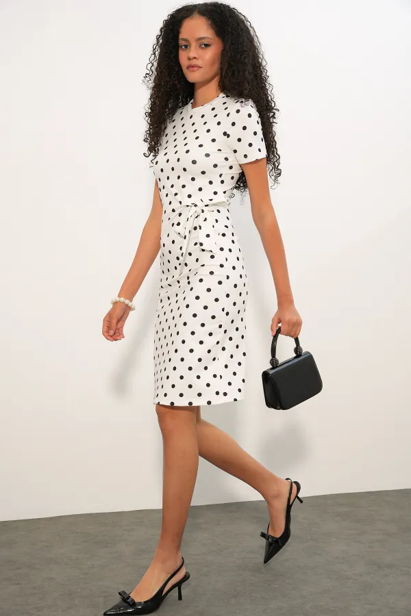 Women's Polka Dot Dress with Bow Detail 2617 - White Women's Polka Dot Dress with Bow Detail 2617 - White