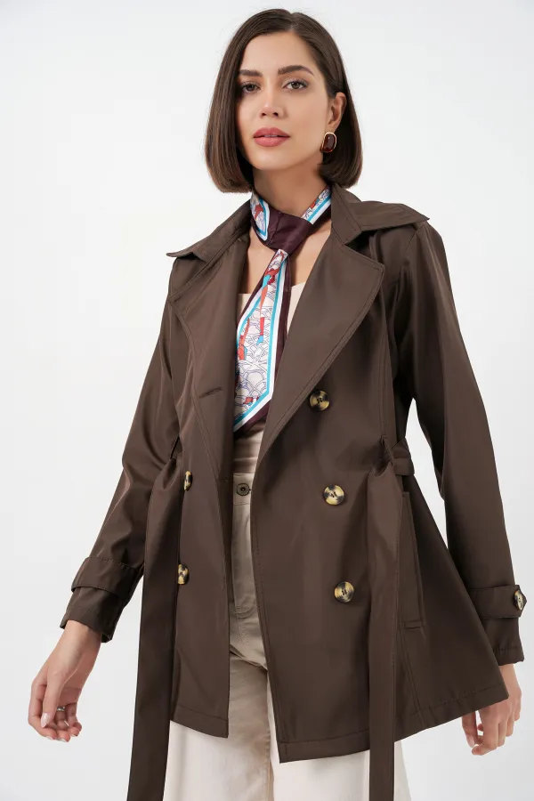 Women's Belted Short Trench Coat 5982 - Brown Women's Belted Short Trench Coat 5982 - Brown