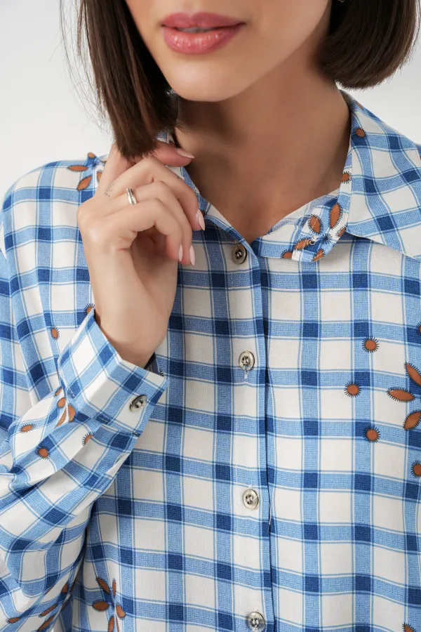 Kadın Desenli Oversize Viskon Gömlek 20371 - Mavi