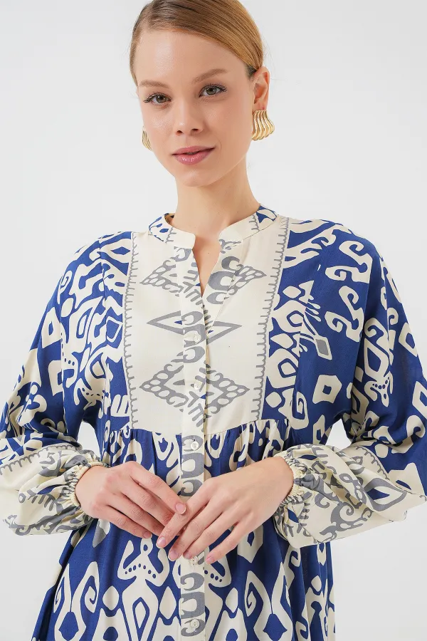 2423 Otantik Desenli Tesettür Elbise - İndigo 1