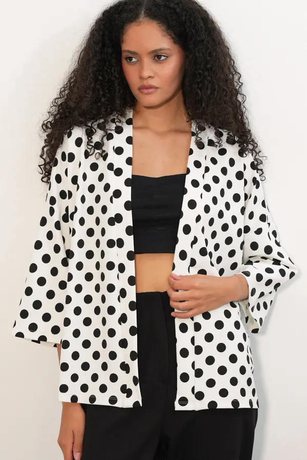Women's Knitted Polka Dot Kimono 5996 - White
