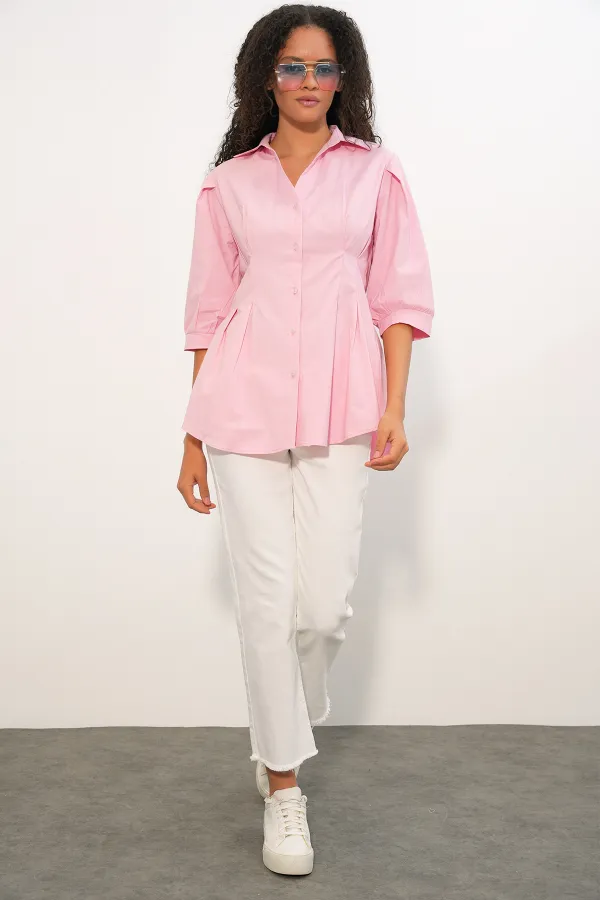 Women's Long Waist-Fitting Shirt 20383 - Pink Women's Long Waist-Fitting Shirt 20383 - Pink