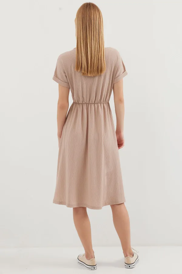 2378 V-Neck Slit Knit Dress - Biscuit 2378 V-Neck Slit Knit Dress - Biscuit