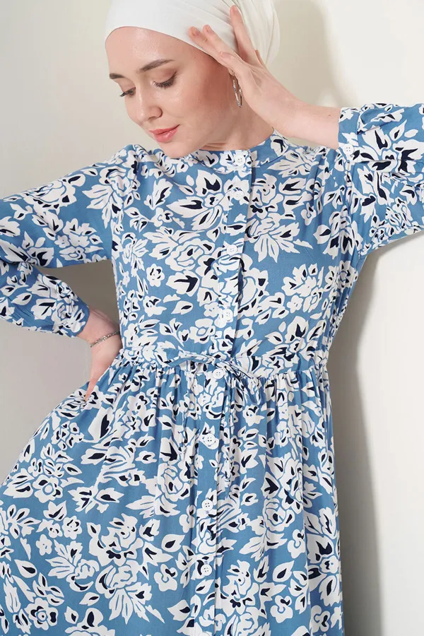 2144 Hakim Yaka Tesettür Elbise - Mavi