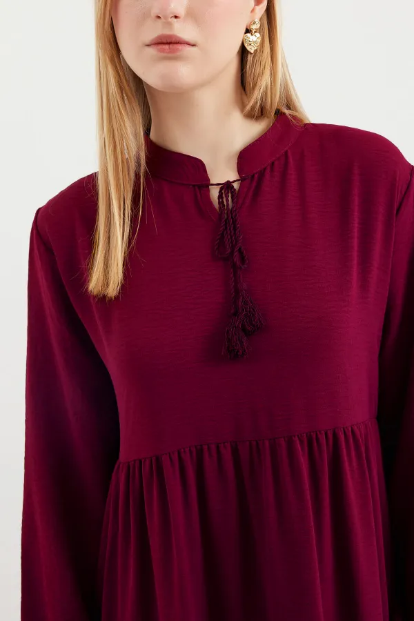 1627 Collar-Tie Hijab Dress - D. Burgundy