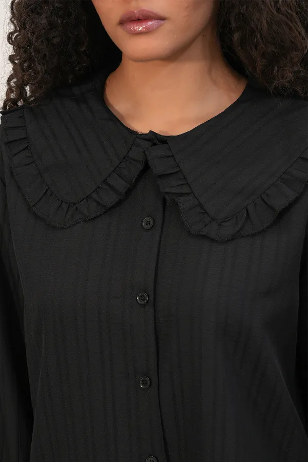 Women's Wide Collar Ruffle Detail Striped Tunic Shirt 5993 - Black