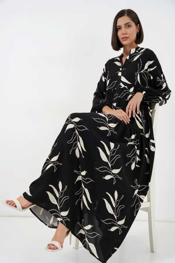 Kadın Desenli Uzun Tesettür Elbise 2585 - Y.Siyah