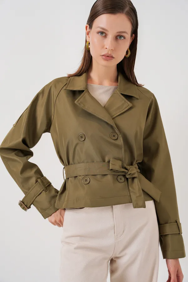 Women's Belted Short Trench Coat 5970 - Khaki Women's Belted Short Trench Coat 5970 - Khaki