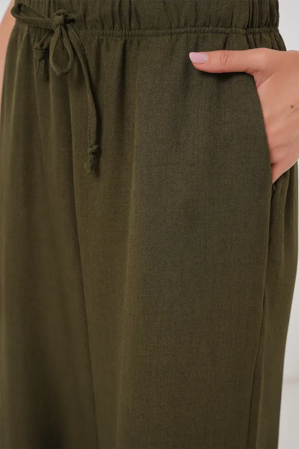 Women's Wide Leg Linen Trousers 6735 - Khaki