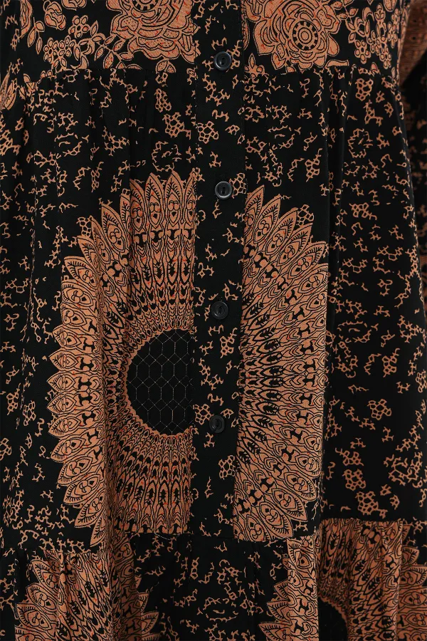 Robe hijab à motifs authentiques 2423 - Noir - Beige