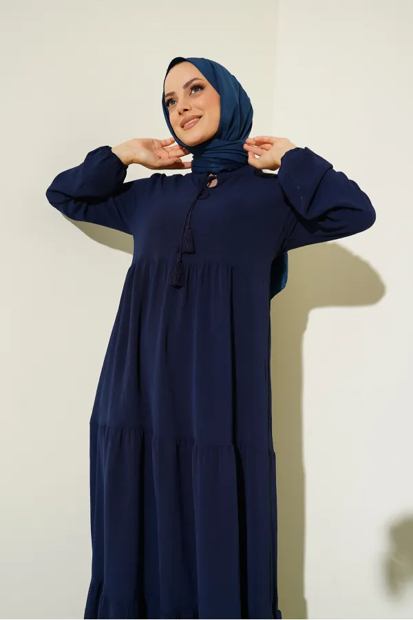 1627 Lace-Up Hijab Dress - Dark Navy Blue 1627 Lace-Up Hijab Dress - Dark Navy Blue