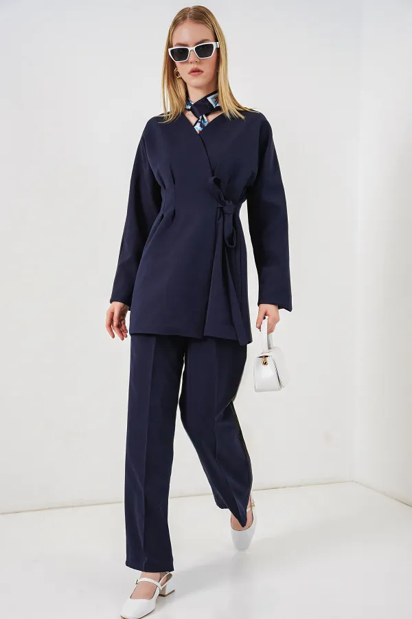 Kadın Yandan Bağlamalı Ceket Pantolon İkili Takım 30099 - Lacivert