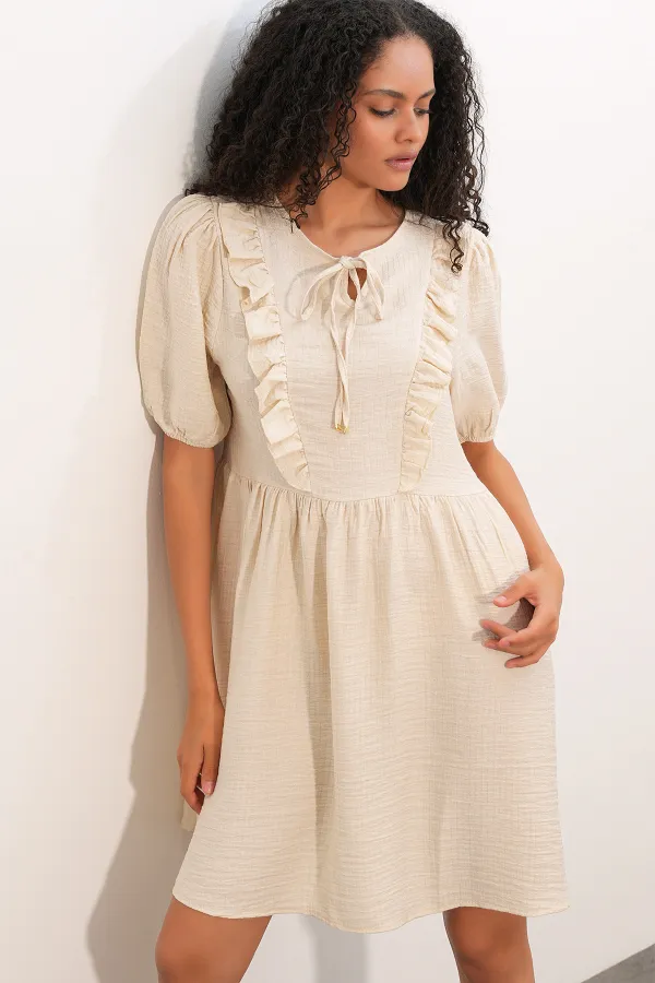 Women's Tie-Neck Short-Sleeve Ruched Dress 2600 - Cream