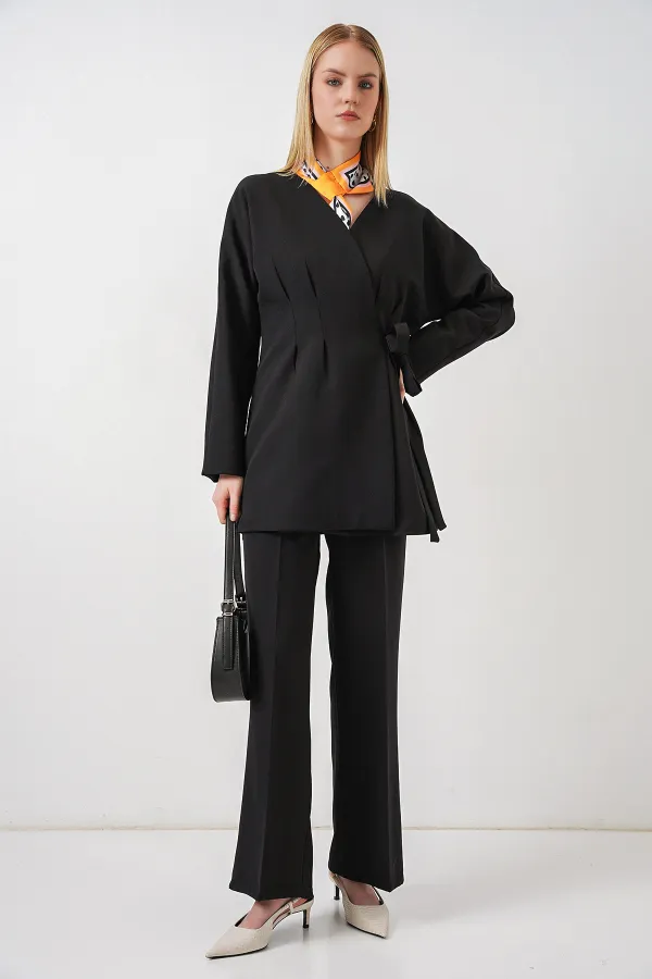 Kadın Yandan Bağlamalı Ceket Pantolon İkili Takım 30099 - Siyah