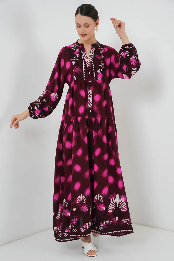 Robe hijab à motifs authentiques 2423 - Bordeaux - Fuchsia