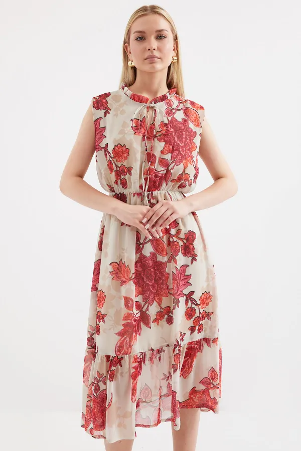 2503 Desenli Sıfır Kol Şifon Elbise - Nar