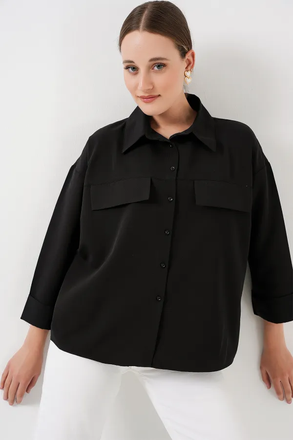 Women's Pocket Detailed Oversize Shirt 20313 - Black