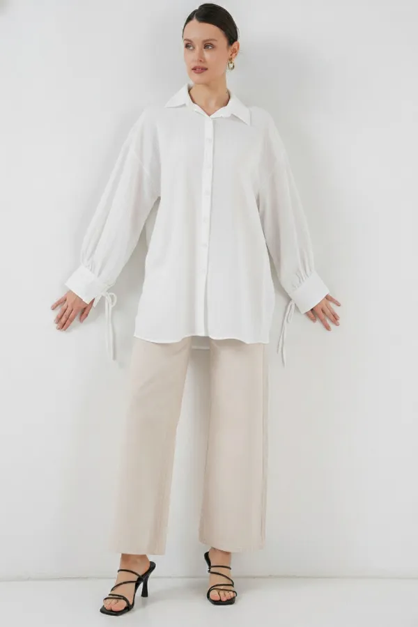 Kadın Oversize Bağcıklı Gömlek 5954 - Beyaz