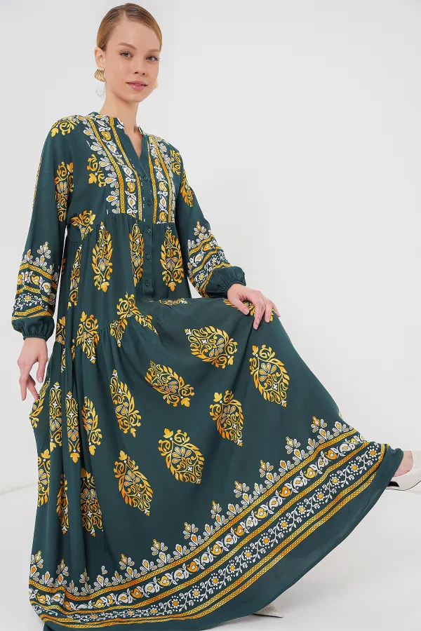 2423 Otantik Desenli Tesettür Elbise - Yeşil 7