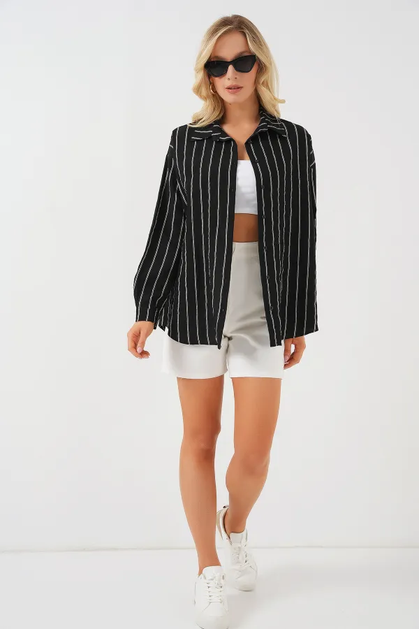 Kadın Çizgili Oversize Gömlek 20293 - Siyah