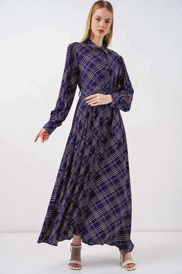 Kadın Boydan Düğmeli Uzun Tesettür Elbise 2588 - Mor