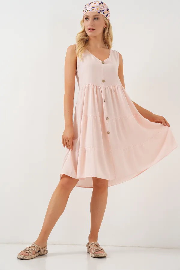 Women's Zero Sleeve Button Short Dress 2571 - Powder