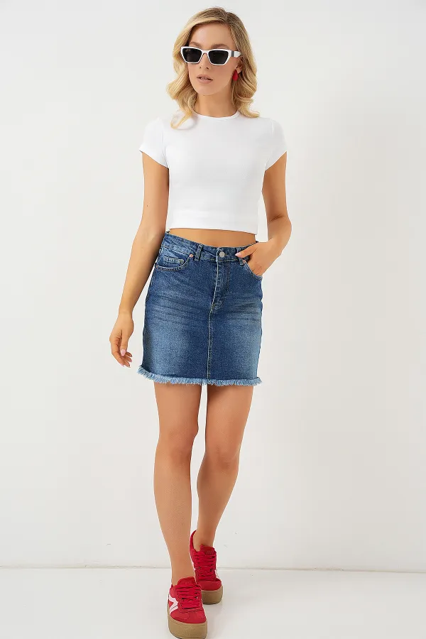 Women's Tassel Mini Denim Skirt 8051 - Navy Blue