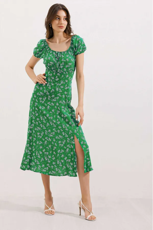 2427 Slit Floral Viscose Dress - Green