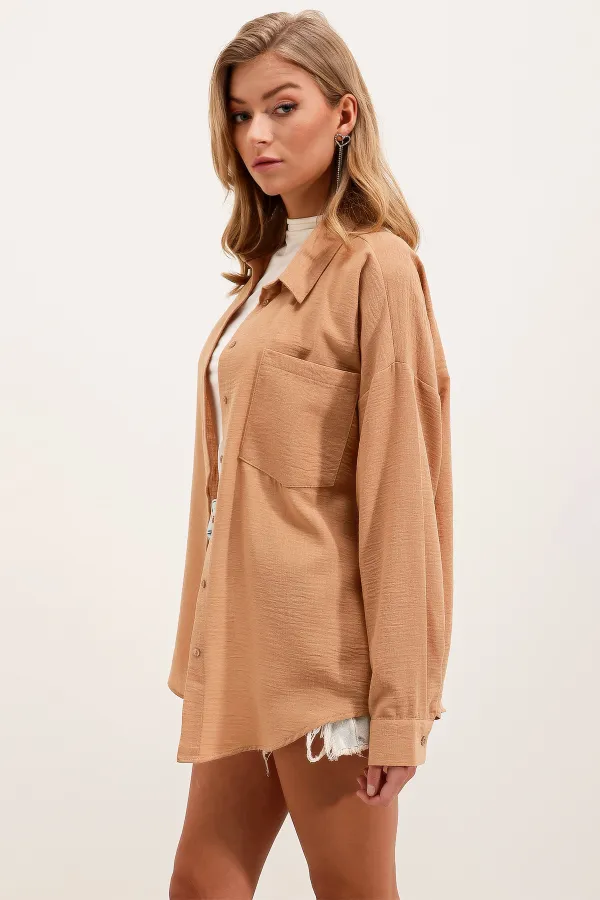 Chemise oversize en lin à poche unique 20153 - Biscuit