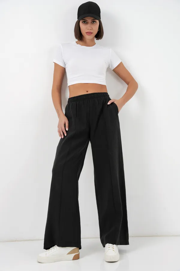 Pantalon large pour femme avec taille élastique 30087 - Noir