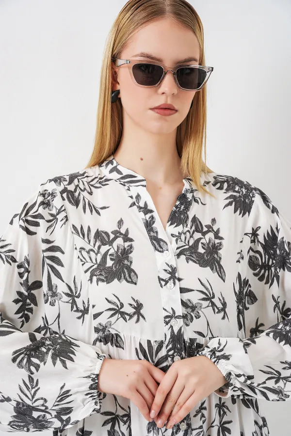 Kadın Desenli Uzun Tesettür Elbise 2585 - V. Antrasit