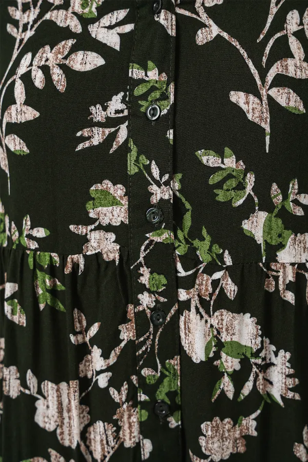 Kadın Desenli Uzun Tesettür Elbise 2585 - Koyu Haki