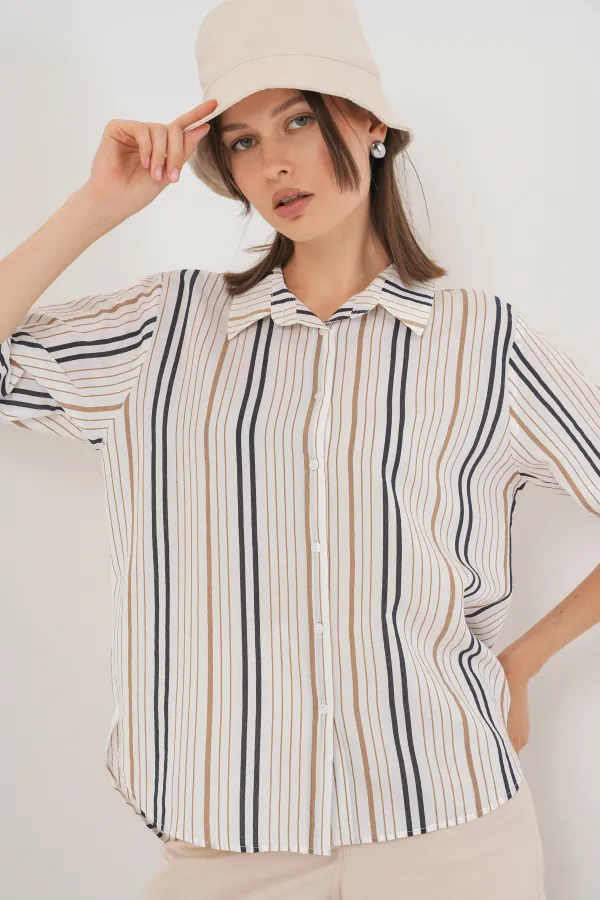 Women's Striped Short Sleeve Shirt 20345 - Beige