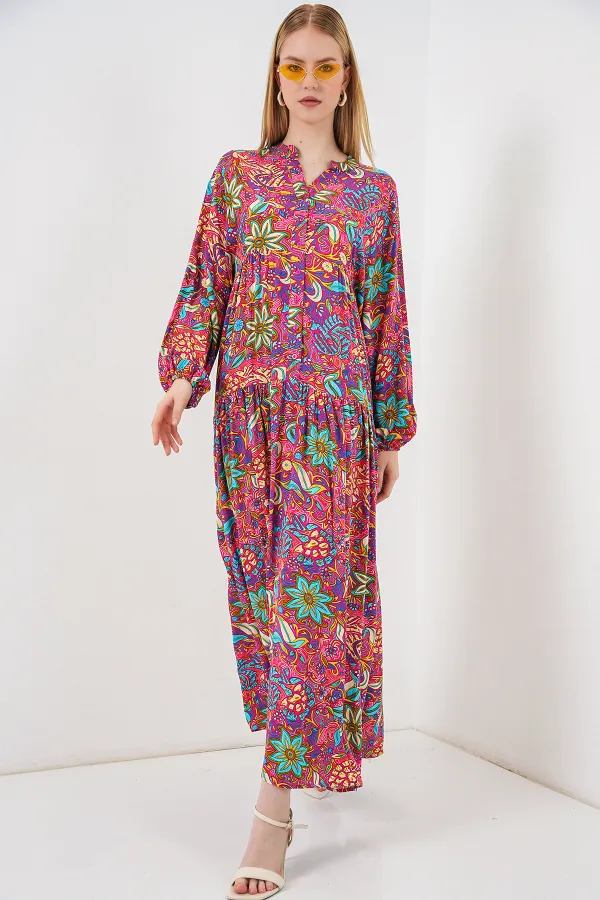 Kadın Desenli Uzun Tesettür Elbise 2585 - Çok Renkli