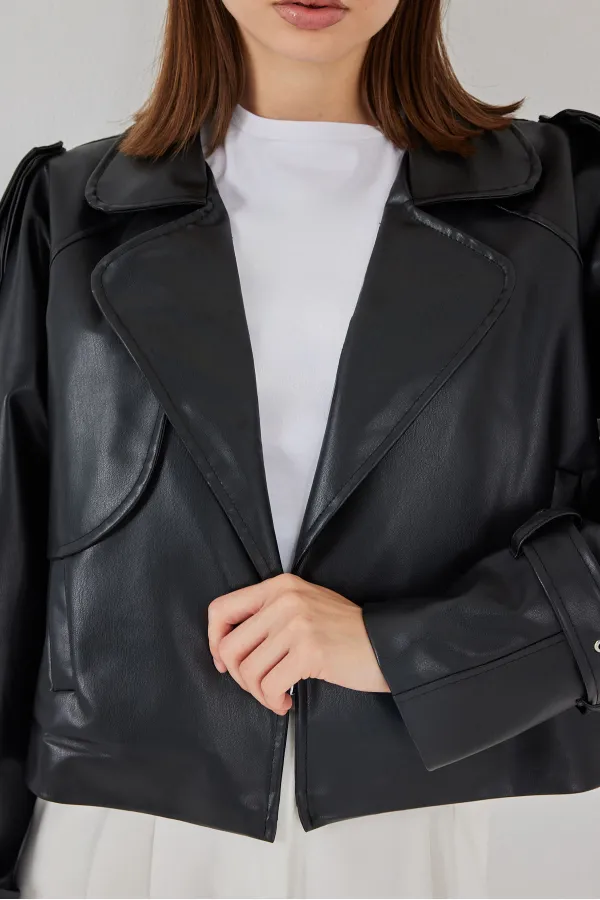 Kadın Oversize Deri Mont Ceket 1047 - Siyah