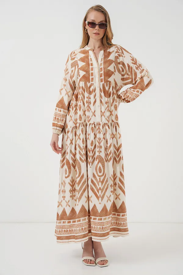 Robe hijab à motifs authentiques 2423 - B. Moutarde