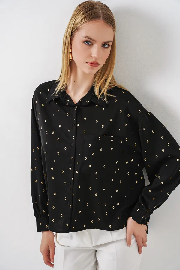 Women's Patterned Oversize Shirt 20361 - Black Women's Patterned Oversize Shirt 20361 - Black