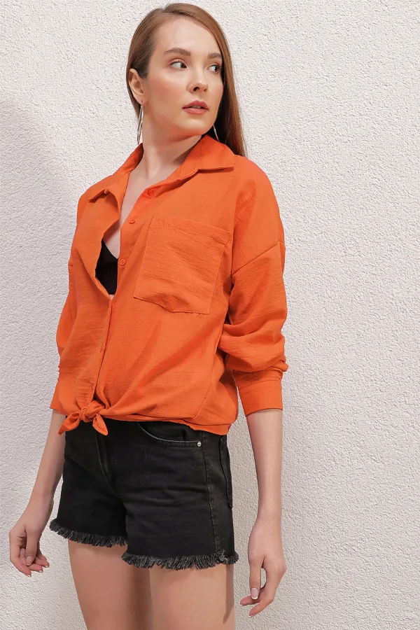Chemise oversize en lin à poche unique 20153 - Orange