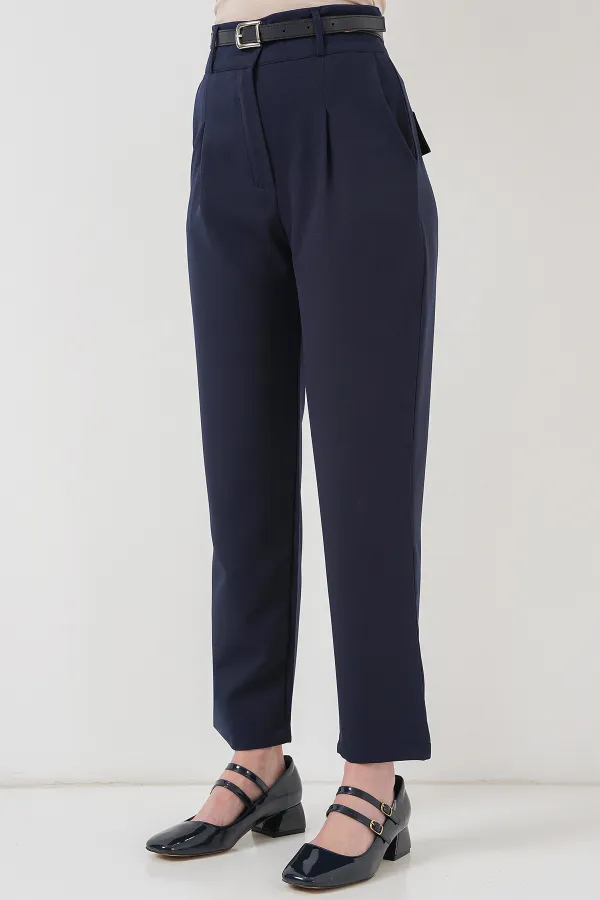 Women's Pleated Belted Fabric Trousers 6725 - Navy Blue