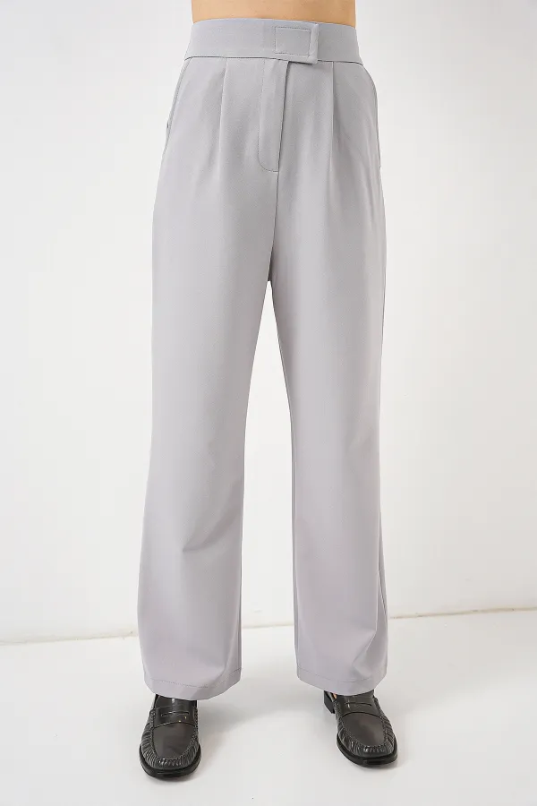 Pantalon en tissu taille haute 6612 - Gris