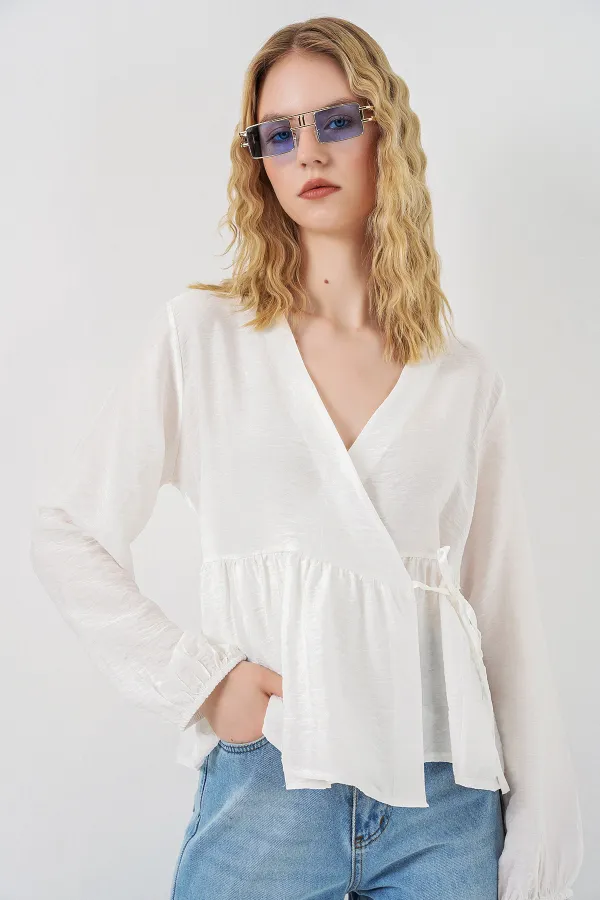 Kadın Yandan Bağlamalı Uzun Kollu Bluz 996 - Beyaz
