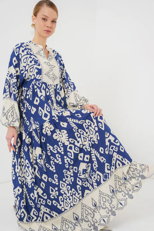2423 Otantik Desenli Tesettür Elbise - İndigo 1