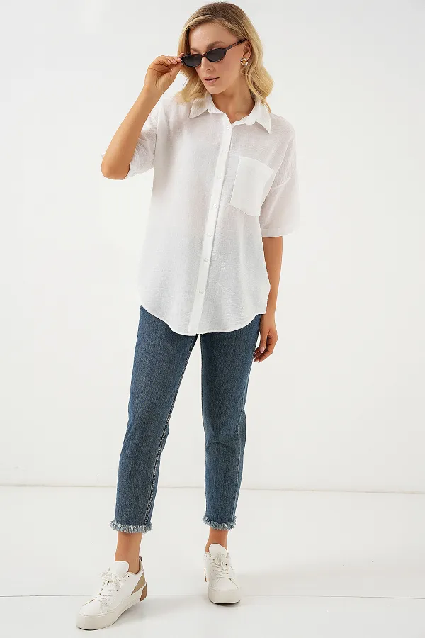 Chemise à manches courtes pour femme, aspect lin, réf. 20336 - Blanche