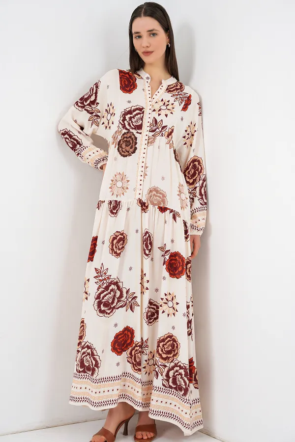 Kadın Desenli Uzun Tesettür Elbise 2585 - Z.Bej