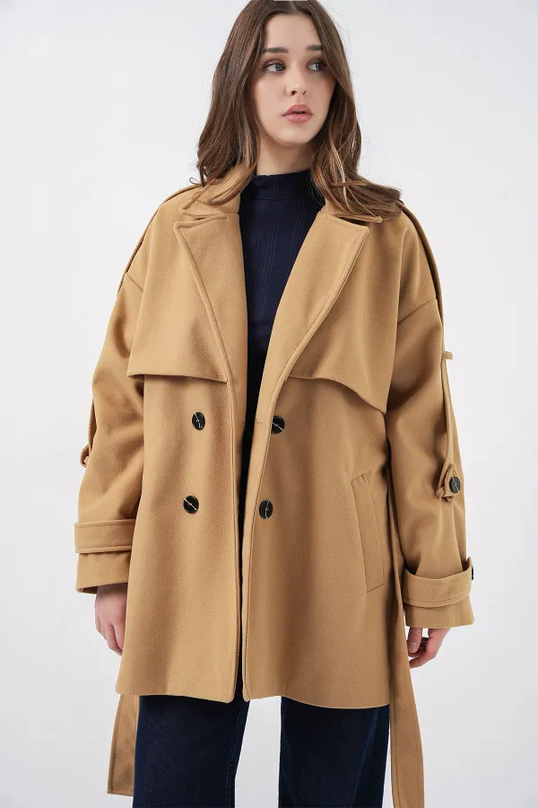 Kadın Kuşaklı Oversize Kaşe Kaban 9157 - Hardal