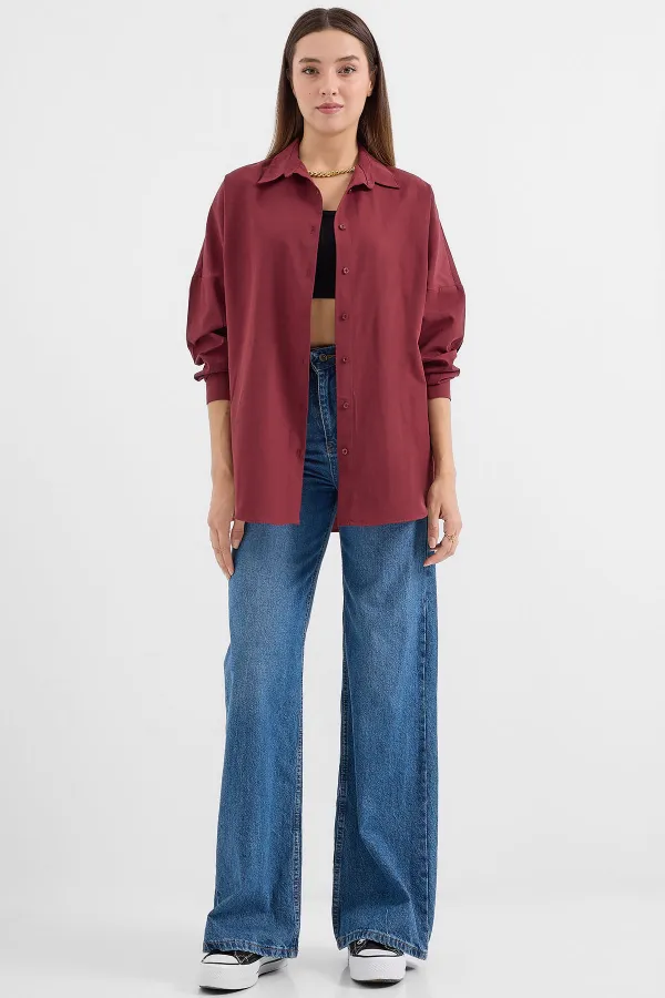 Kadın Oversize Mürdüm Uzun Basic Gömlek 3900